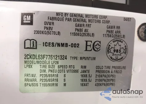 2007 Pontiac Torrent из США, поврежденный, VIN 2CKDL63F776121324